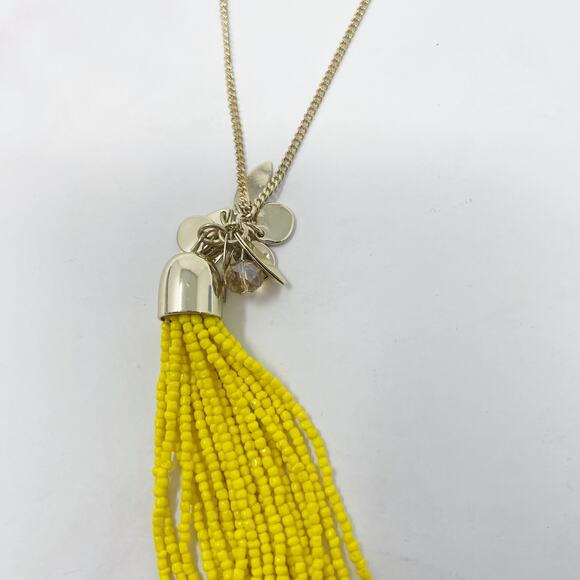 Ann Taylor LOFT Gold Tone Yellow Beaded Tassel Long Necklace Leaf Dangle Pendant - Picture 4 of 6